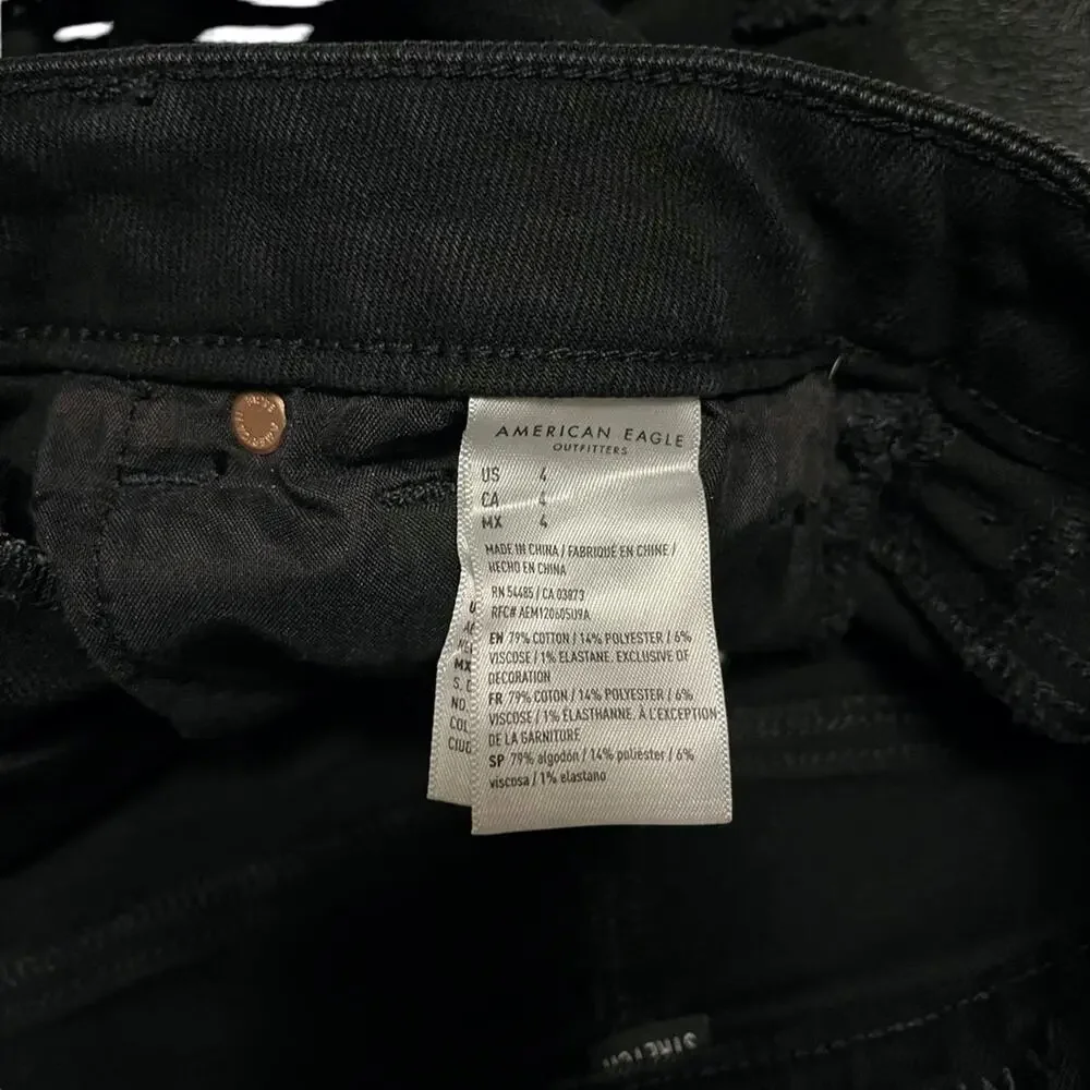 AMERICAN EAGLE MOM SHORTS Solid Black Zip Fly High Rise Roll Cuff Jeans Denim  4